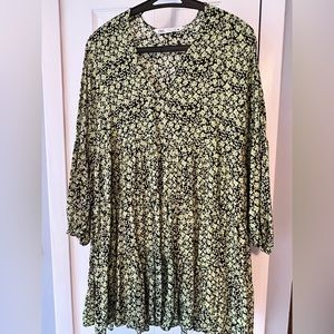 Zara Green and Black Floral Long Sleeve Dress Tunic size M
